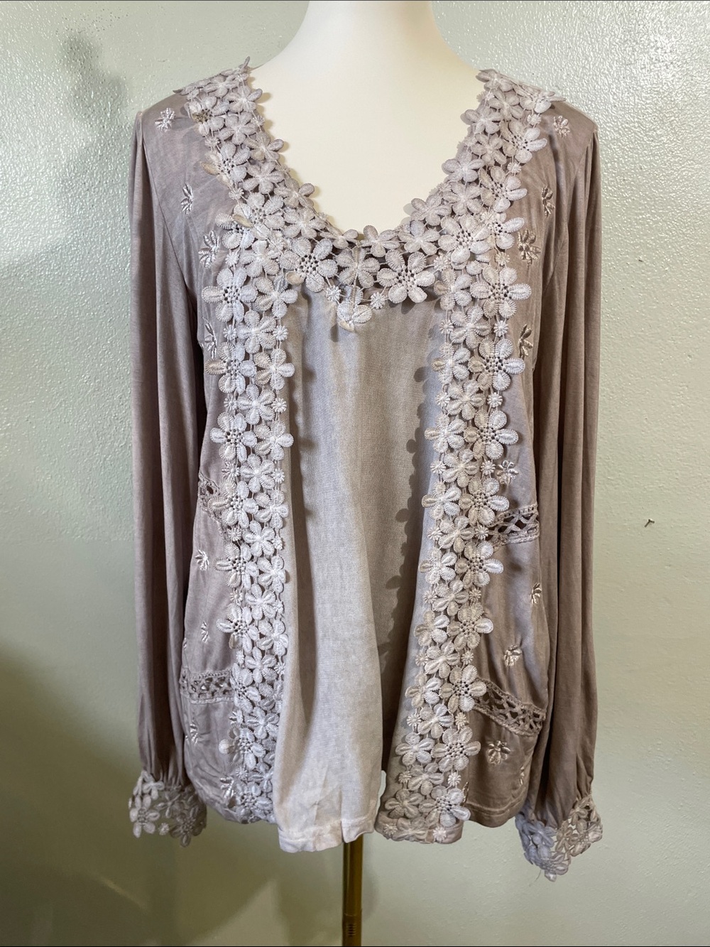 Boho Romantic Floral Appliqué Peasant Blouse Embroidered Mauve Knit Top POL Sm